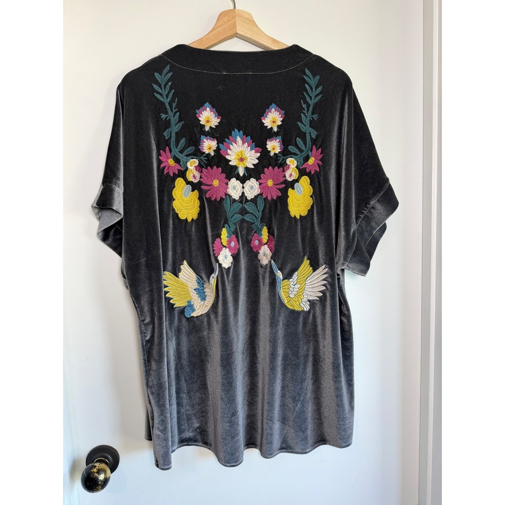 Entro Womens Grey‎ Velvet Embroidered Floral Bird Kimono Cardigan Medium